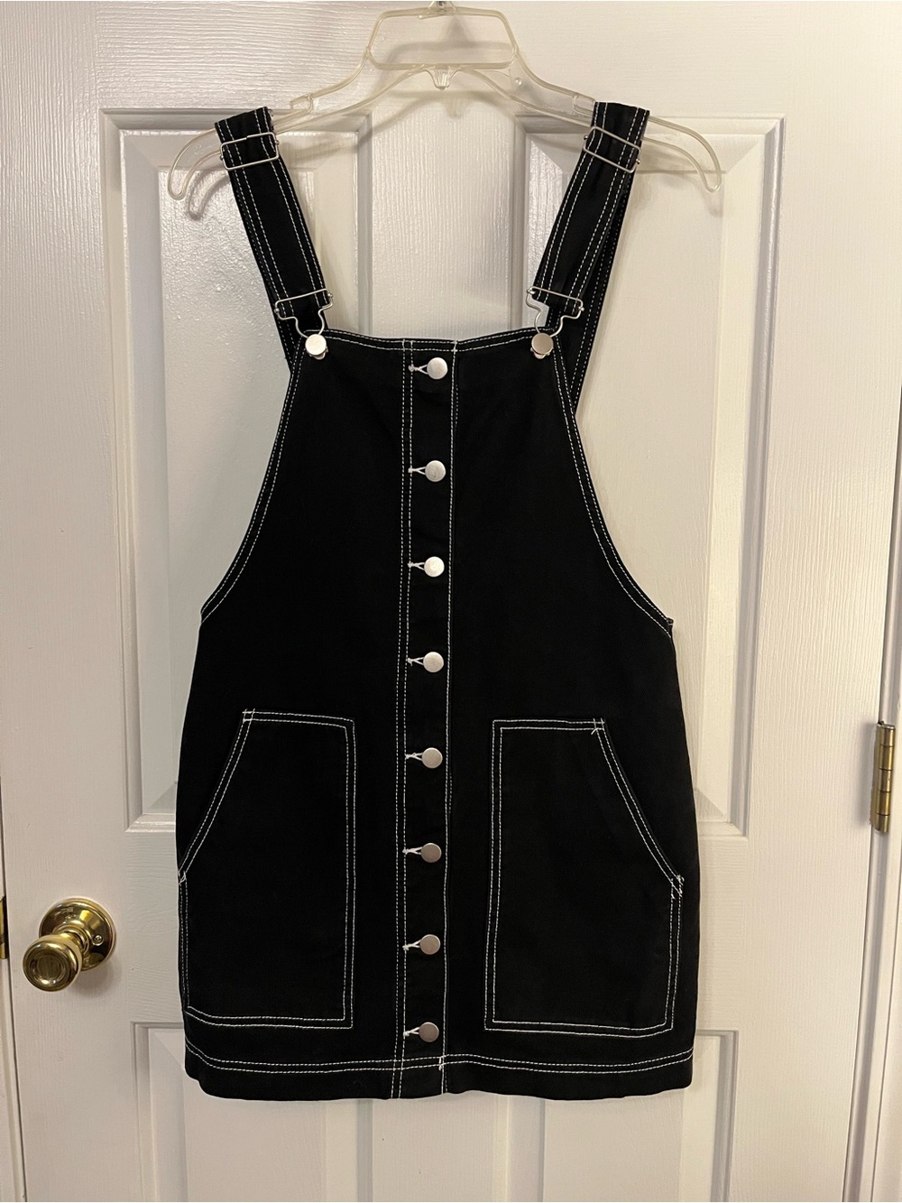 FOREVER 21 Women Overall Bib Above Knee Skirt Black White Stitches Metal Button
